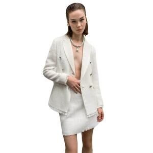 HELENE DENIM WARDROBE Jacket Blazer 10 White Big-Pearl-Button Frey-Hem Pocket